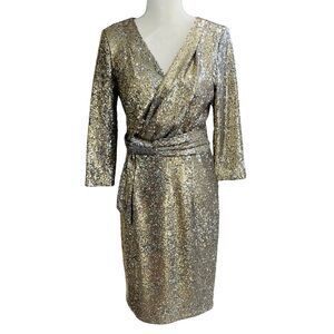 Calvin Klein Gold  Silver V-Neck Sequin Mesh Dress 3/4 Sleeve Sheath Cocktail